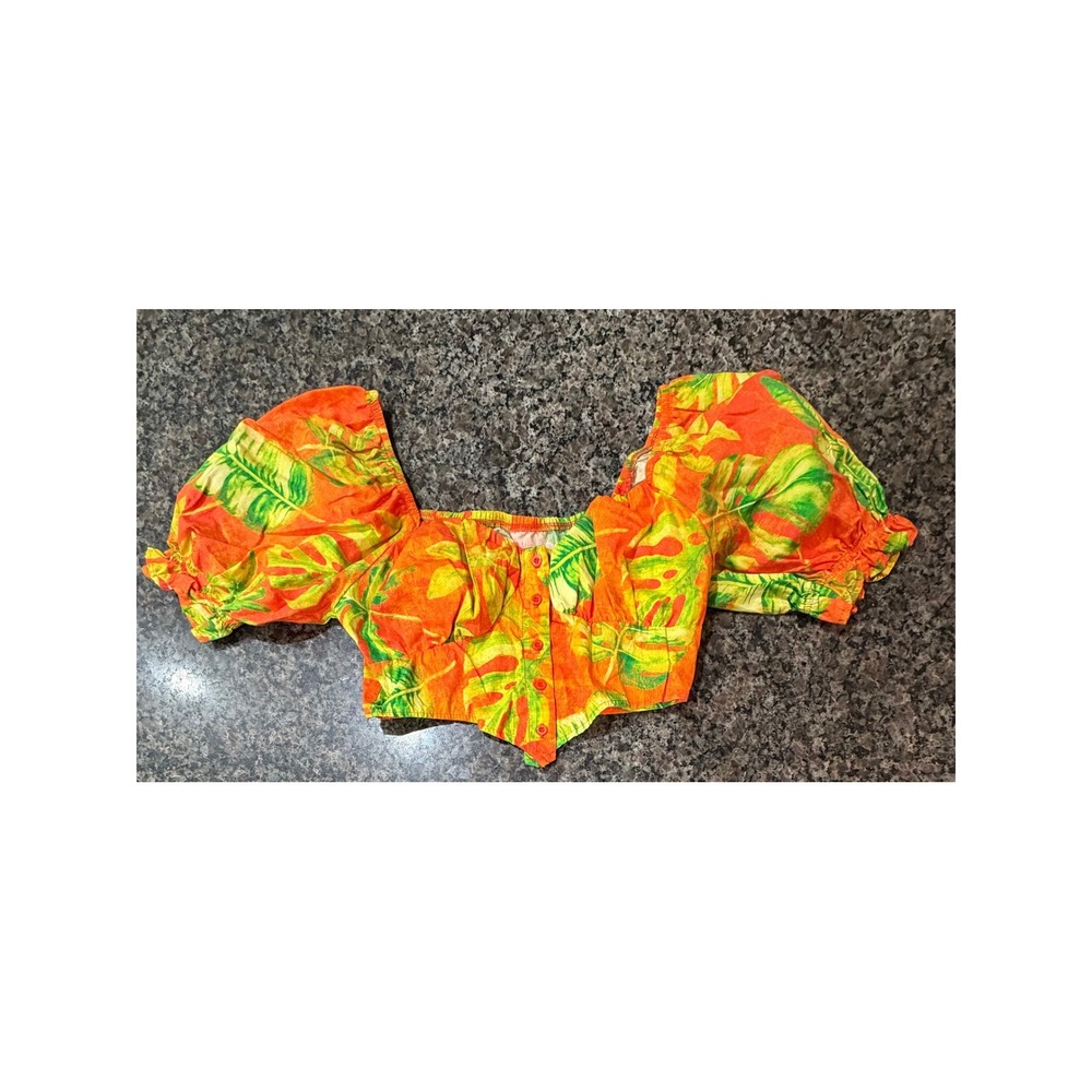 Orange‎ Tropical Monstera Print Puff Sleeve Crop Top Sweetheart Neckline